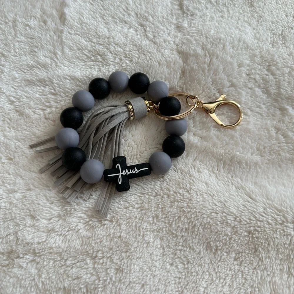Wristlet Keychain Jesus Cross Tassel Black & Gray Beaded Keychain Bracelet NWT